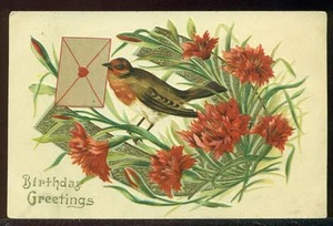 1909 CUMPLEAÑOS SALUDOS Pájaro Sostiene Carta Herradura Dorada Postal De Colección - Imagen 1 de 1