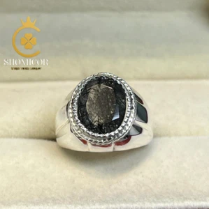 "Black Tourmalated Quartz Ring in Sterling Silver - Unisex Handmade Jewelry" - Picture 1 of 7