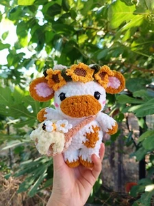 Handmade Sunflower Cow Plush – Cute Crochet Animal Toy for Kids & Collectors - Picture 1 of 3
