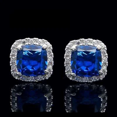 1.00CT Cushion Sapphire Halo Simulated Diamond Earrings 14K White Gold Studs - Image 1 of 4
