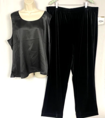 Bob Mackie 裤子上衣套装 3X 黑色弹力天鹅绒拉缎质背心正式 Glam — 第 1/4 张图片