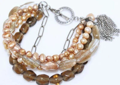 Silpada Copper Pearls Smoky Quartz 925 Sterling Tassel Toggle Bracelet B1412 - Image 1 of 4