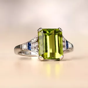 3.3Ct Emerald Cut Green Peridot Diamond Solitaire Wedding Ring White Gold Finish - Picture 1 of 10