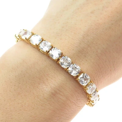 925 Sterling Silver Gold Plated Round-Cut C Z Tennis Link Bracelet 8.25" - Image 1 of 4