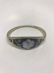 Taxco Mexico Alpaca Black Enamel Abalone Flower Bangle Child Bracelet - Picture 1 of 7