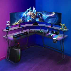 Corner Gaming Desk L Shaped Office Computer Table Racer Gamers Workstation LED - Picture 1 of 12