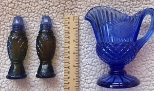 Avon Mount Vernon Cobalt Blue Fostoria Pitcher & 2 Crystal Point Salt Shakers - Picture 1 of 6
