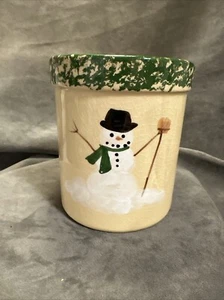 ROSEVILLE ALPINE Pottery Handpainted Snowman Crock Tall GREEN SPIONGED - Picture 1 of 6