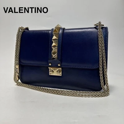 Valentino Garavani Rockstud Leather Chain Shoulder Bag Blue Gold Hardware - Image 1 of 4