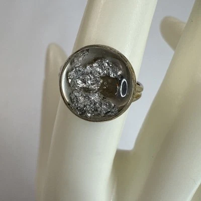 Silver Ore In Resin Ring Stainless Steel 14mm Setting Adjustable Band Size 6 - Image 1 of 4