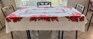 Vintage Poinsettia Cotton Christmas Tablecloth 72x114" w/12 white napkins - Bild 1 von 8
