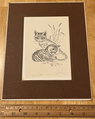 Dibujo a lápiz Bill Neat de 2 gatos domésticos y colas de gato mate/firmado - 4,5" x 6,5" Foto 1 de 4