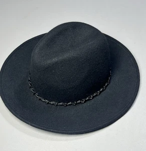 MNG Black Felt Fedora Hat Womens One Size Black Chain Ribbon - Picture 1 of 9
