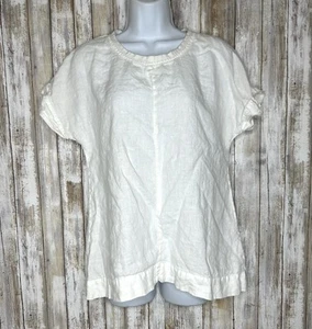 Flachs Damen Bluse Top Shirt Weiß Leinen Kurzarm Rundhals Größe Small - Bild 1 von 9