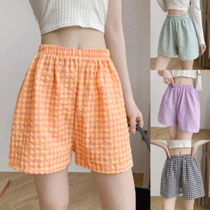 Women's Plaid Casual Shorts Ladies Loose Wide Leg Pajamas Shorts Summer - Picture 1 of 24