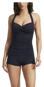 Seafolly Womens Twist Front Soft Cup Boyleg One Piece Swimsuit, Navy Blue 12 US - Picture 1 of 10