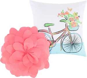 SPRING FLOWER BICYCLE 2pc PILLOW SET : CHIC SHABBY WATERCOLOR DREAM PINK COTTAGE - Picture 1 of 3