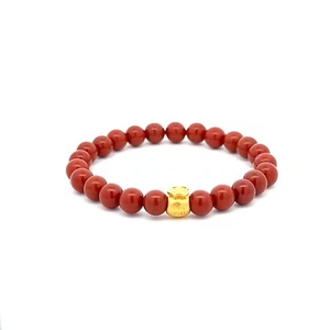 24K Yellow Gold Money Bag Lucky Bracelet Red Jasper Gemstones 6mm - Picture 1 of 8