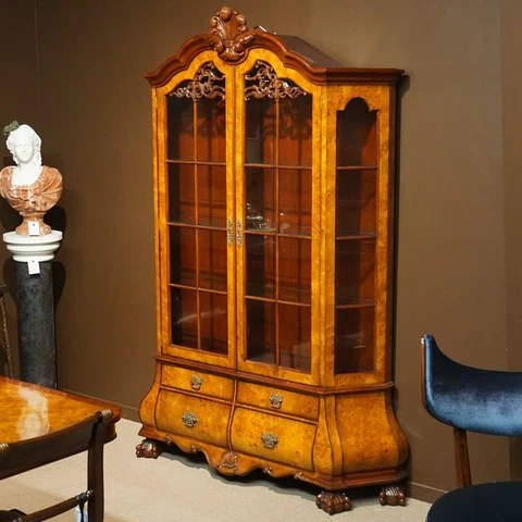 Bombe China display Cabinet traditional mahogany and burl with LED lights Cover