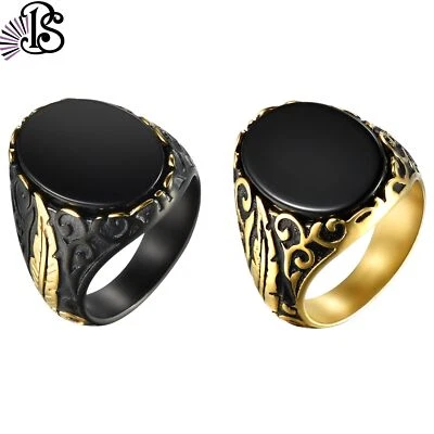Mens Retro Floral Feather Black Onyx Signet Ring Stainless Steel Band Size 9-11 - Image 1 of 4