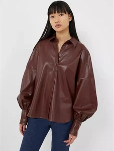 BNWT Rrp £59 French Connection Size S Vegan Faux Leather Puff Sleeve Shirt Brown - Picture 1 of 20