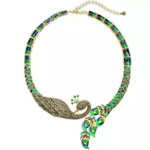 Beautiful Golden Marcasite & Green-Blue Enamel Imperial Peacock Necklace NewTags - Picture 1 of 4