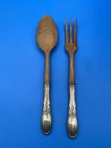 VTG Towle Silver Salad Serving Fork & Spoon Set Sterling Handles On Wood - Picture 1 of 6