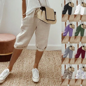 Womens Drawstring Shorts Knee Length Ladies Plain Summer Pants Wide Leg Trousers - Picture 1 of 30