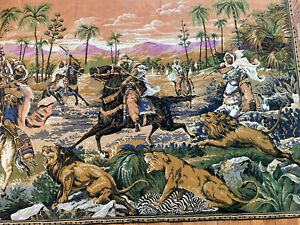 Vintage Arabian Nights Lion Hunt Belgian Tapestry Wall Hanging 75â€�x50â€� Gorgeous
