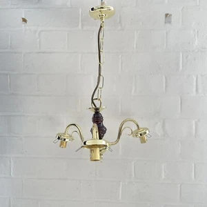 3 ARM LIGHT VINTAGE BRASS CEILING LIGHT HANGING PENDANT 19” GOLD WOOD CHANDELIER - Picture 1 of 10
