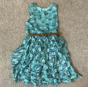 Justice Girls Green Floral Ruffled Lace Sleeveless Party Spring Dress - size 6 - Picture 1 of 4