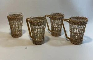 Vintage Lot 4 Wicker Rattan Mug Glass Holders Mugs Tumbler Inserts 12 oz Boho - Picture 1 of 9