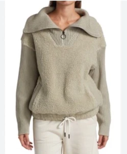 VARLEY Rogers 1/4 Zip Cowl Neck Sherpa Knit Sweater-Beige-Kangaroo Pocket-Size L - Picture 1 of 9