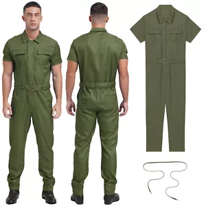 Mens Overalls Mechanic Dungarees Loose Jumpsuit Multiple Bodysuit Short Sleeve - Picture 1 of 57