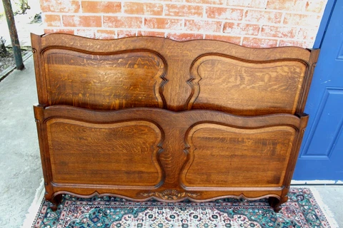 French Antique Carved Tiger Oak Louis XV Full Size Bed w. Rails Cover