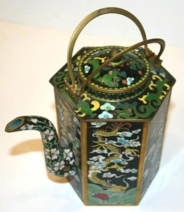 Antique Chinese Brass Cloisonne 6 Sided Lidded Teapot Dragon Clouds - Picture 1 of 12