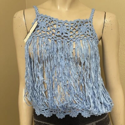 Women’s Blue Acrylic Casual Opened Knitted Fringes Straps One Size Blouse Top - Image 1 of 4