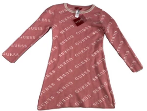 Guess New With Tags Dress Girl Stretch Pink All Over Logo White Size Small - Picture 1 of 10