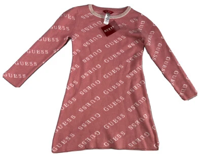 Guess New With Tags Dress Girl Stretch Pink All Over Logo White Size Small - Image 1 of 4