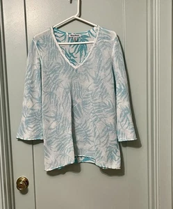 Tommy Bahama Womens Top Sz L Teal White Palm Leaves Cotton Knit Mesh V Neck - Picture 1 of 7