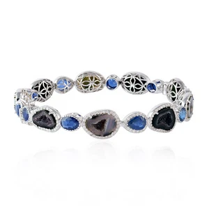 18k Vintage Bracelet In Diamond Geode Sapphire Handmade Fine Jewelry For Women - Picture 1 of 7