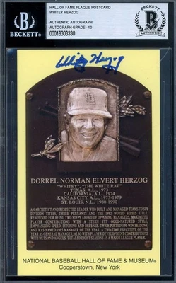 Whitey Herzog Gem Mint 10 Beckett BAS Signed Gold Hall of Fame Plaque Postcard A - Image 1 of 2