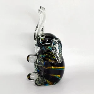 Kunst Glas Elefant Figur sitzend hochgehobener Rüssel gold & blaue Streifen wie abgebildet - Bild 1 von 9