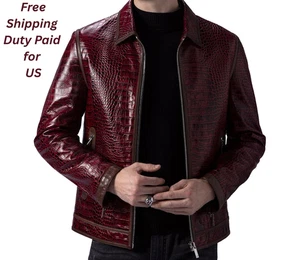 Men's Leather Jacket Burgundy Crocodile Pattern Real Luxury Leather Jacket - Picture 1 of 7
