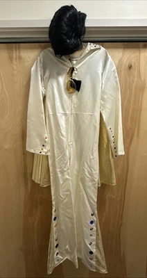 Vintage White And Gold Elvis Costume With Wig, Cape, Sunglasses - Image 1 of 4