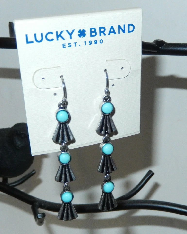 Lucky BRAND Silver Tone Tribal Feather Turquoise Stone Dangle Earrings