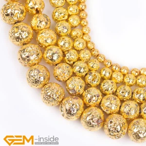Gold Metallic Coated Volcanic Rock Stone Round Loose Beads Jewelry Making 15" - Picture 1 of 35