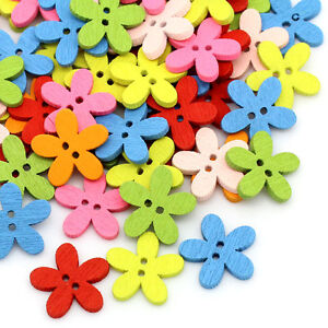 100PCs Wooden Buttons Flowers Sewing Scrapbooking Flowers Shaped 2 Holes Mixed