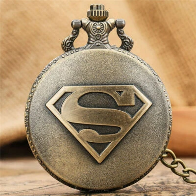 Vintage Super Man Boy Kids Quartz Pocket Watch Necklace Chain Round Case Gift - Image 1 of 4