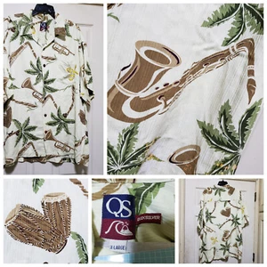 Vtg QuikSilver Shirt Mens XL Cream Hawaiian Floral Music Trumpet Drums Saxaphone - Picture 1 of 21